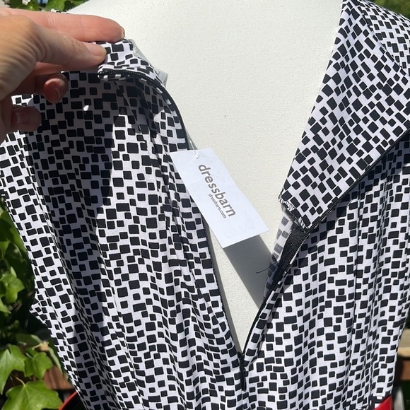Dressbarn black white swing dress red belt cap sleeves geometric print NWT midi - Picture 4 of 13